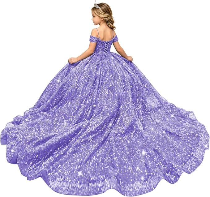 Lavender / 18m Sunnypetal Sparkly Sequin Off-Shoulder Princess Ball Gown Flower Girl Dress for Pageant