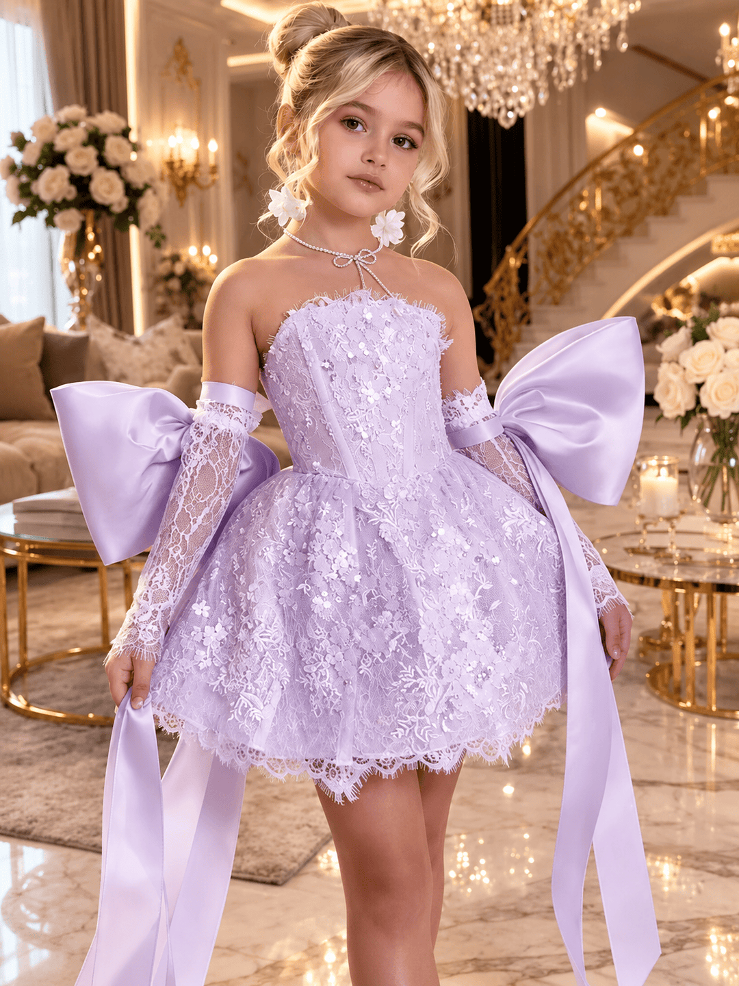 Lavender / 3m Sunnypetal Dreamy Light Blue Lace Flower Girl Dress with Oversized Bows for Special Occasions