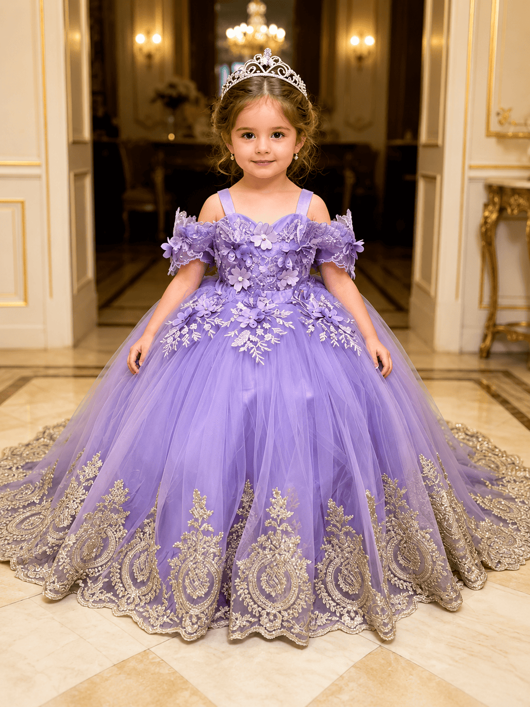 Lavender / 3m Sunnypetal Elegant Lavender Tulle Flower Girl Dress with Floral Appliques &amp; Gold Lace Trim