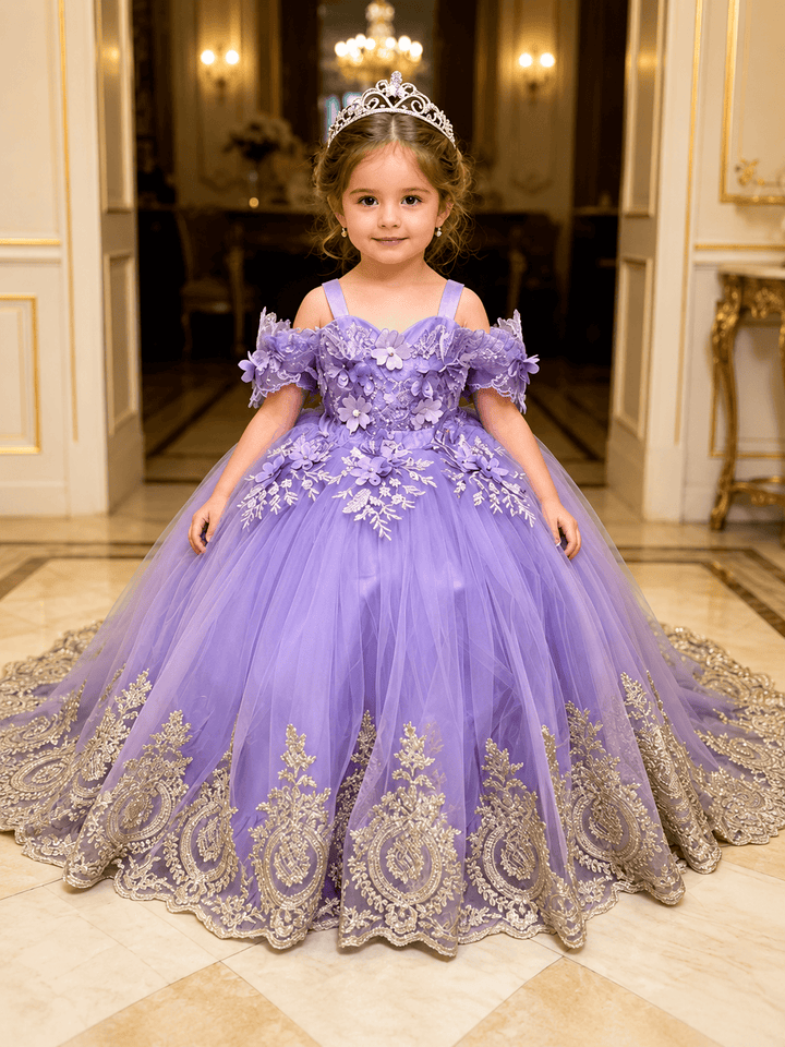 Lavender / 3m Sunnypetal Elegant Lavender Tulle Flower Girl Dress with Floral Appliques &amp; Gold Lace Trim