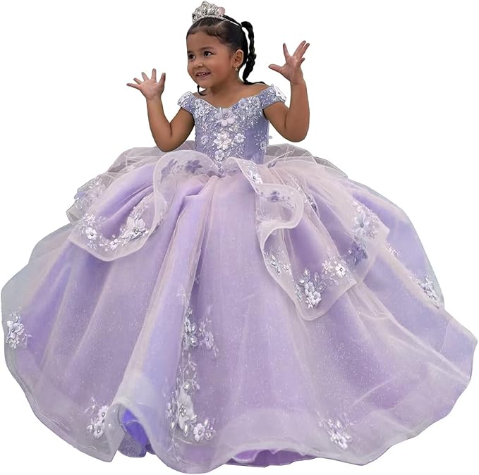Lavender / 3m Sunnypetal Enchanted Sage Green Tulle Ball Gown Flower Girl Dress with Floral Appliqués