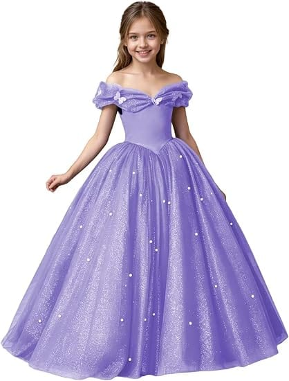 Lavender / 3m Sunnypetal Exquisite Off-Shoulder Tulle Flower Girl Dress for Special Occasions