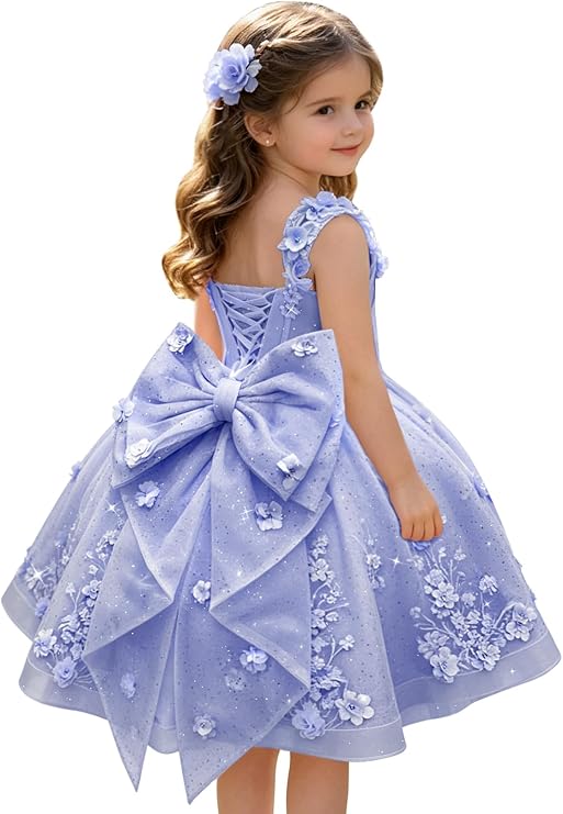 Lavender / 3m Sunnypetal Sweetheart 3D Floral Lace Appliqué Short Flower Girl Dress witn Bow