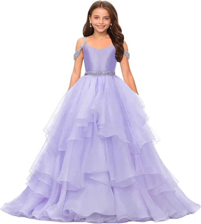 Lavender / 9m Sunnypetal Off-Shoulder Sweetheart Puffy Tulle Flower Girl Dress with Beaded Details