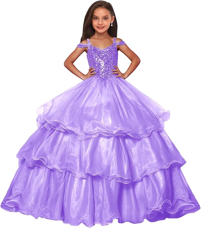 Lavender / 9m Sunnypetal Sparkly Sequin Organza Off Shoulder Ball Gown Flower Girl Dress for Pageant