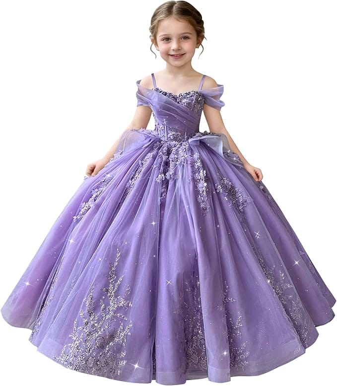 Lavender Deep / 18m Sunnypetal Off-Shoulderl 3D Lace Appliqué Tiered Ruffle Flower Girl Dress for Pageant
