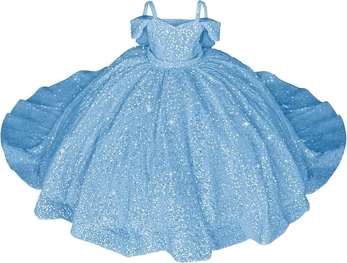 Light Blue / 18m Sparkly Off-Shoulder Sequin Flower Girl Pageant Dress Princess Ball Gown with Bow