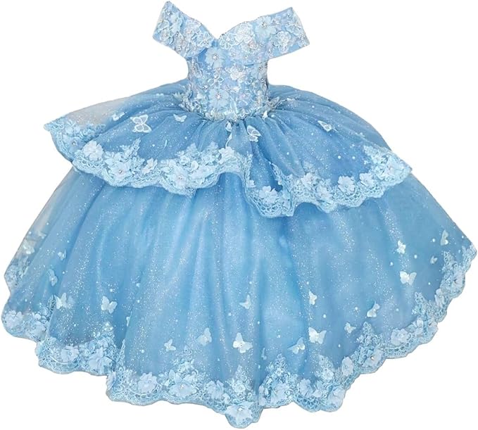 Light Blue / 18m Sunnypeta lEnchanted Blue Sweetheart Tulle Flower Girl Gown with Floral Appliqués