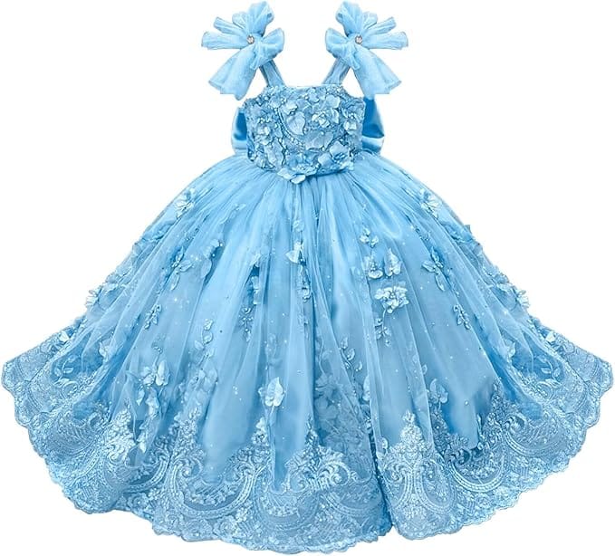 Light Blue / 18m Sunnypetal Enchanted Mint Green Tulle Ball Gown Flower Girl Dress with 3D Floral Appliqués