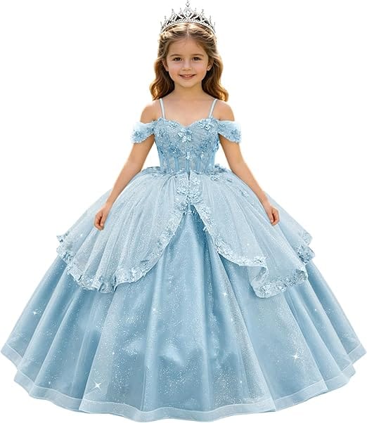 Light Blue / 18m SunnyPetal Enchanted Sage Green Off-Shoulder Lace Appliqué Tulle Flower Girl Gown