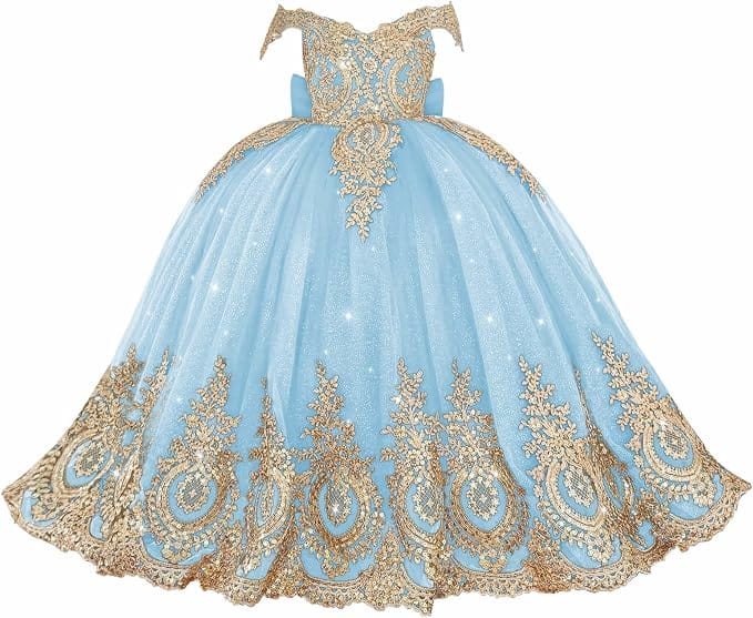Light Blue / 18m Sunnypetal Exquisite Gold Appliqué Off-Shoulder Princess Flower Girl Dress with Bow