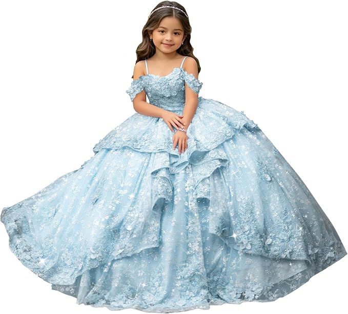 Light Blue / 18m Sunnypetal Exquisite Off-Shoulder 3D Floral Appliqué Pageant Flower Girl Gown