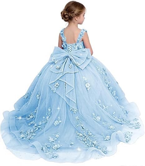 Light Blue / 18m Sunnypetal Exquisite Off-Shoulder 3D Floral Glitter Tulle Ball Gown Flower Girl Dress with Bow