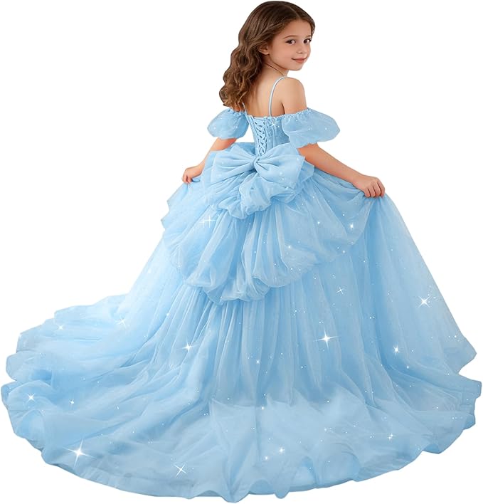 Light Blue / 18m Sunnypetal Girls Spaghetti Strap Glitter Tulle Ball Gown with Lace Appliqués &amp; Bow