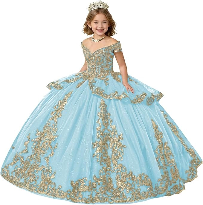Light Blue / 18m Sunnypetal Gold Applique Off Shoulder Flower Girl Dress with Tassels Crystal &amp; Bow