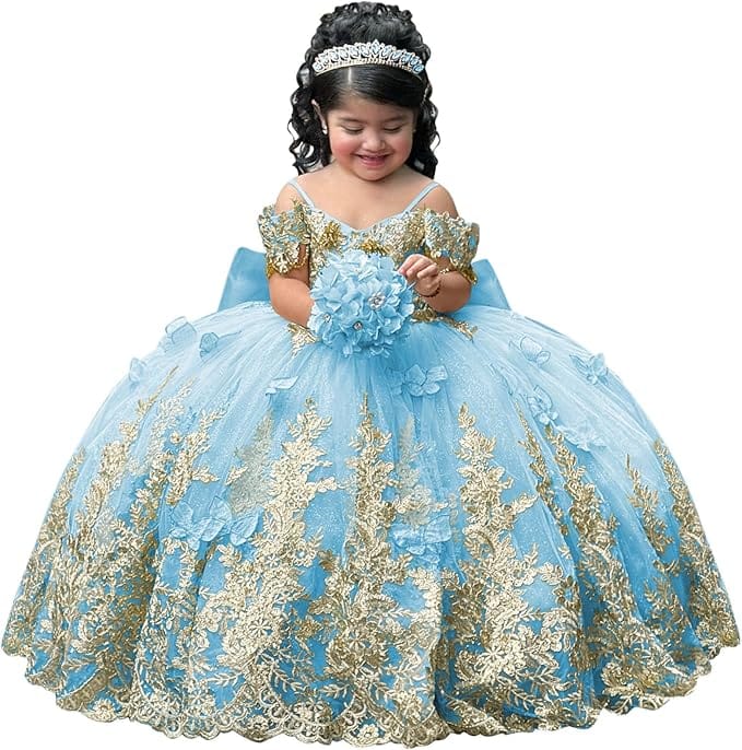 Light Blue / 18m Sunnypetal Gorgeous Gold Appliqués Tulle Flower Girl Ball Gown with Bow and 3D Butterflies