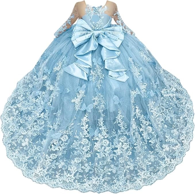 Light Blue / 18m Sunnypetal Lace Long Sleeve Ball Gown Flower Girl Dress with 3D Butterflies and Satin Bow