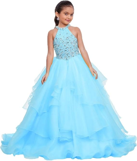 Light Blue / 18m Sunnypetal Layered Organza Princess Ball Gown Flower Girl Dress for Pageant &amp; Party