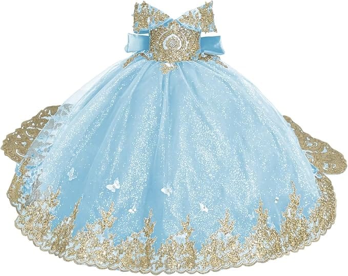 Light Blue / 18m Sunnypetal Luxury Emerald Green Lace Appliqué Tulle Ball Gown Flower Girl Dress with Royal Train