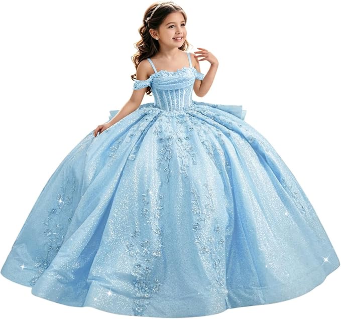 Light Blue / 18m Sunnypetal Luxury Glitter Tulle Off-Shoulder Ball Gown Flower Girl Dress with Train