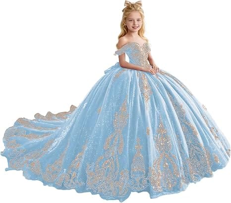 Light Blue / 18m Sunnypetal Luxury Gold Appliqué Glitter Tulle Flower Girl Gown with Oversized Bow