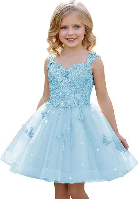 Light Blue / 18m Sunnypetal Luxury Mint Green Butterfly Lace Flower Girl Dress