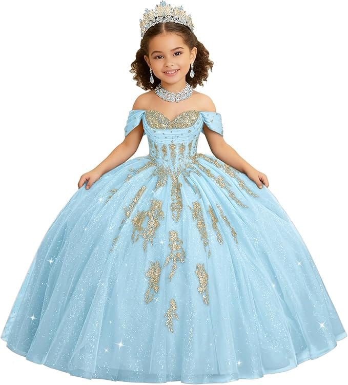 Light Blue / 18m Sunnypetal Luxury Off-Shoulder Gold Lace Applique Princess Flower Girl Ball Gown Dress
