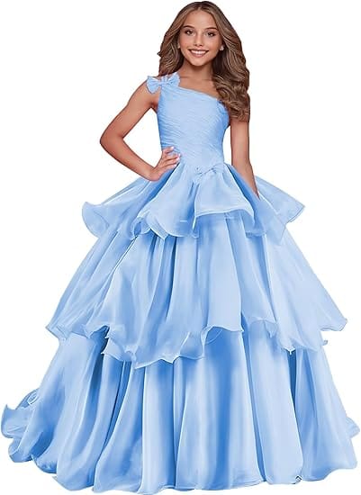 Light Blue / 18m Sunnypetal Luxury One-Shoulder Puffy Organza Flower Girl Dress Princess Pageant Gown