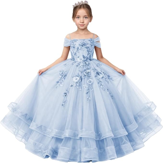 Light Blue / 18m Sunnypetal Off-Shoulder Floral Appliqué Tulle Flower Girl Dress for Special Occasions