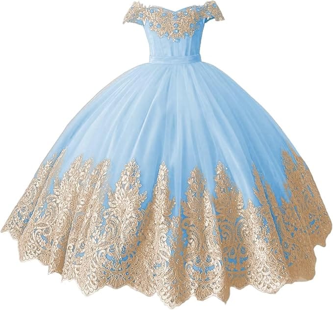 Light Blue / 18m Sunnypetal Off-Shoulder Gold Lace Beaded Puffy Tulle Flower Girl Gown for Special Occasions