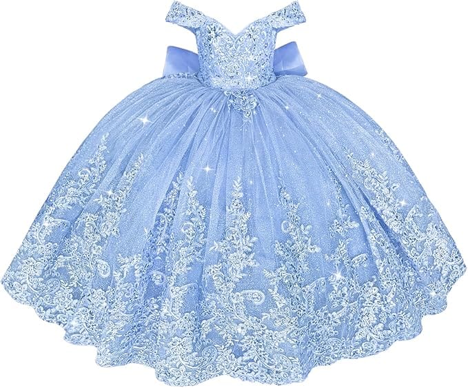 Light Blue / 18m Sunnypetal Off Shoulder Sweetheart Lace Tulle Flower Girl Pageant Dress with Bow