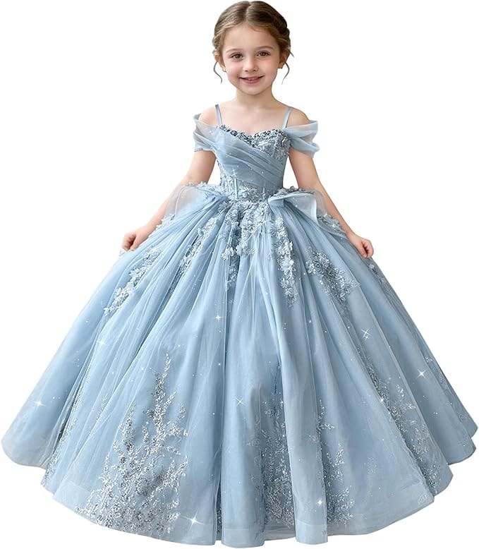 Light Blue / 18m Sunnypetal Off-Shoulderl 3D Lace Appliqué Tiered Ruffle Flower Girl Dress for Pageant