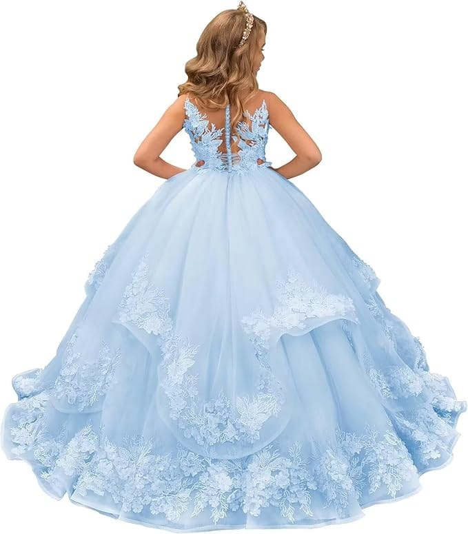 Light Blue / 18m Sunnypetal Pink Lace Appliques Floral Flower Girl Dresses Birthday Party Princess Dresss