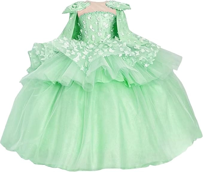 Light Blue / 18m Sunnypetal Princess Pink Tulle Ball Gown Flower Girl Dress with Butterfly Appliqués and Cape