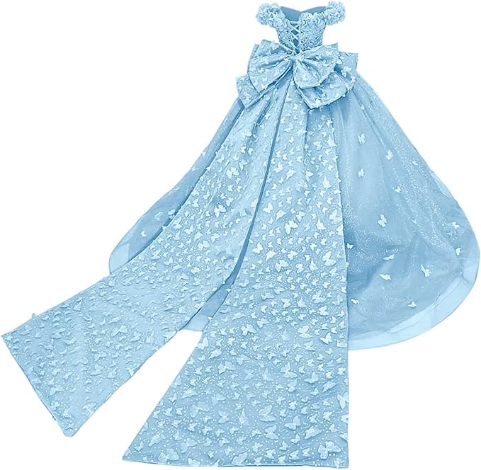 Light Blue / 18m Sunnypetal Princess Purple Tulle Ball Gown Flower Girl Dress with Butterfly Appliqués and Bow