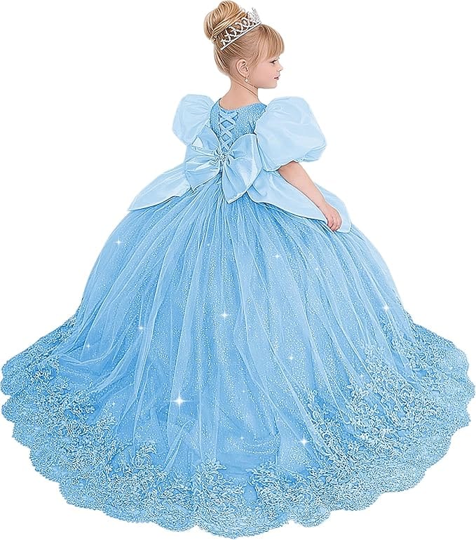 Light Blue / 18m Sunnypetal Princess Sky Blue Tulle Lace Flower Girl Dress with Bow and Puff Sleeves