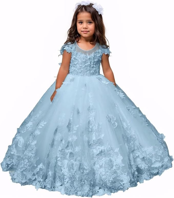 Light Blue / 18m Sunnypetal Romantic Blush Floral Lace Tulle Flower Girl Ball Gown