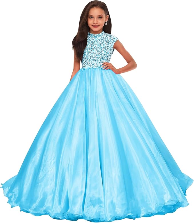 Light Blue / 18m Sunnypetal Sparkling Hot Pink Ball Gown Flower Girl Dress with Rhinestones Beaded Bodice