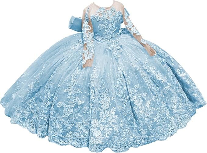 Light Blue / 18m Sunnypetal Sparkling Long Sleeve Lace Tulle Flower Girl Dress with Glitter Appliqué &amp; Bow