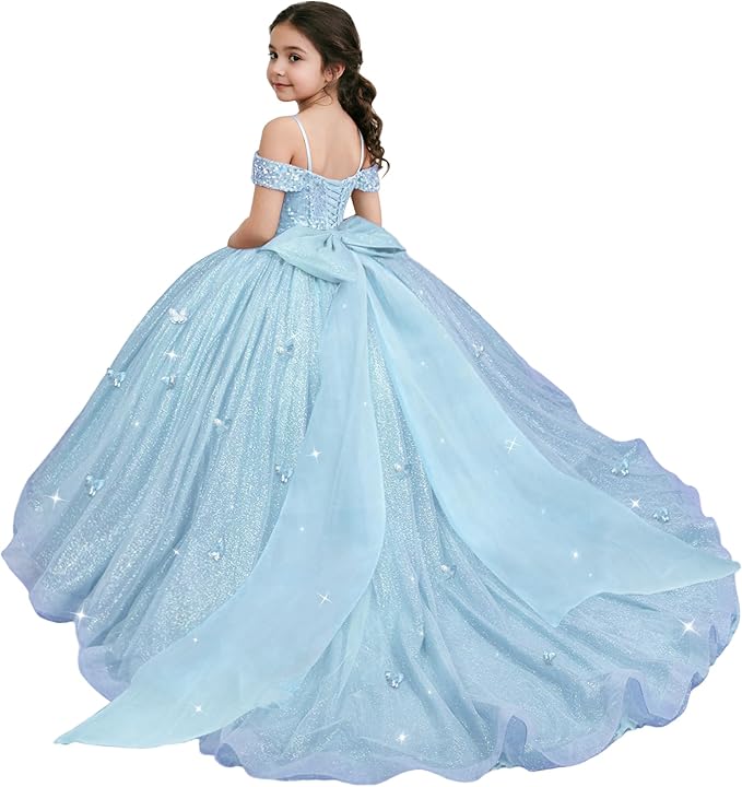 Light Blue / 18m Sunnypetal Sparkling Off-Shoulder Glitter Tulle Flower Girl Dress with Oversized Bow