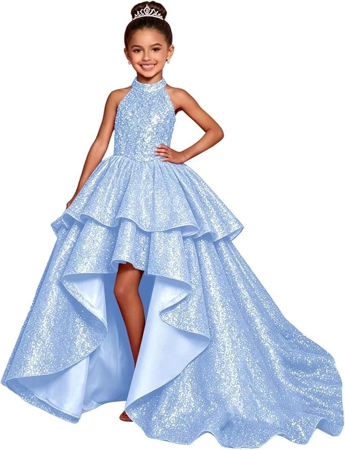 Light Blue / 18m Sunnypetal Sparkly Sequin Halter High Low Flower Girl Dress Pageant Gown