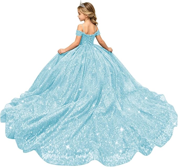Light Blue / 18m Sunnypetal Sparkly Sequin Off-Shoulder Princess Ball Gown Flower Girl Dress for Pageant