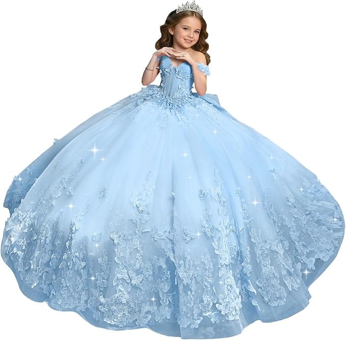 Light Blue / 18m Sunnypetal Sweetheart Neck 3D Butterfly Tulle Flower Girl Dress with Big Bow