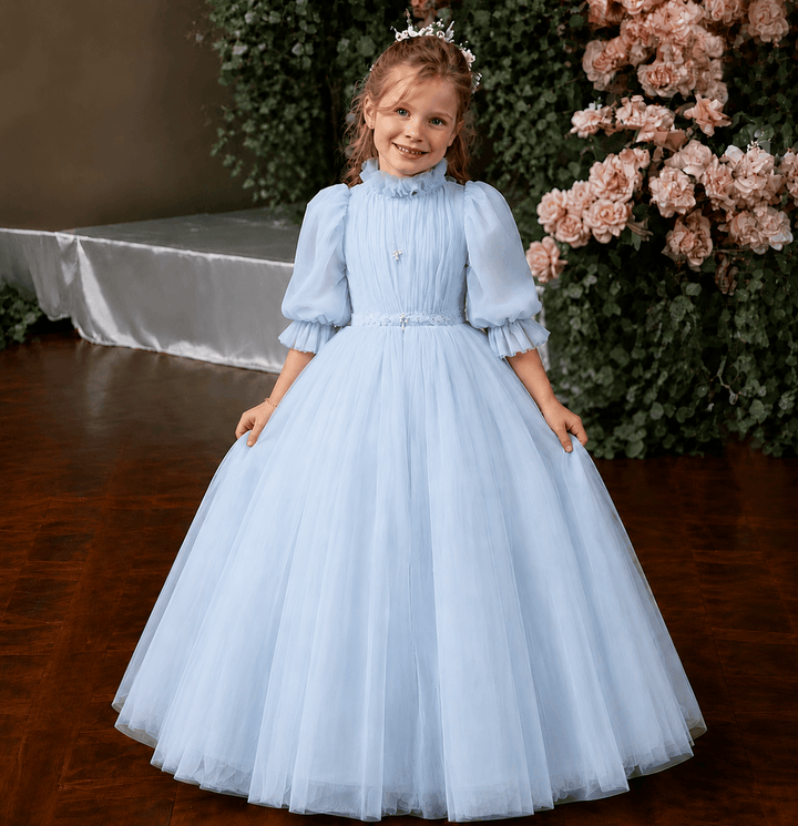 Light Blue / 3m Dunnypetal Grey Blue Tulle High Neck Flower Girl Dress For Wedding Kids Birthday Party Gown