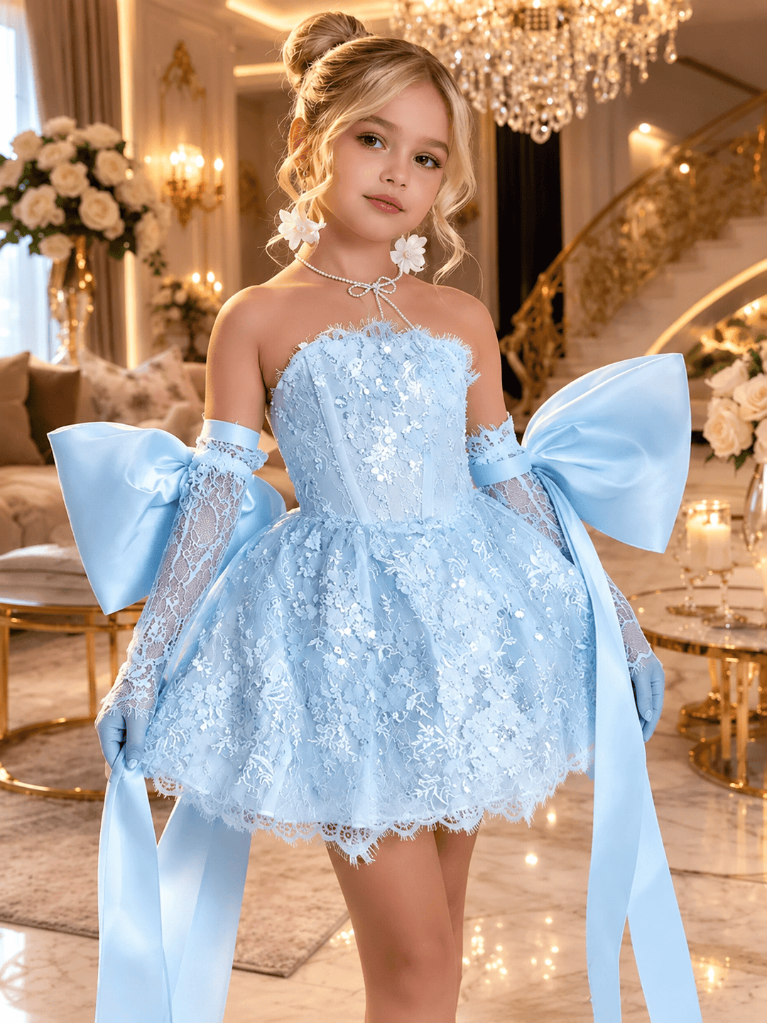 Light Blue / 3m Sunnypetal Dreamy Light Blue Lace Flower Girl Dress with Oversized Bows for Special Occasions
