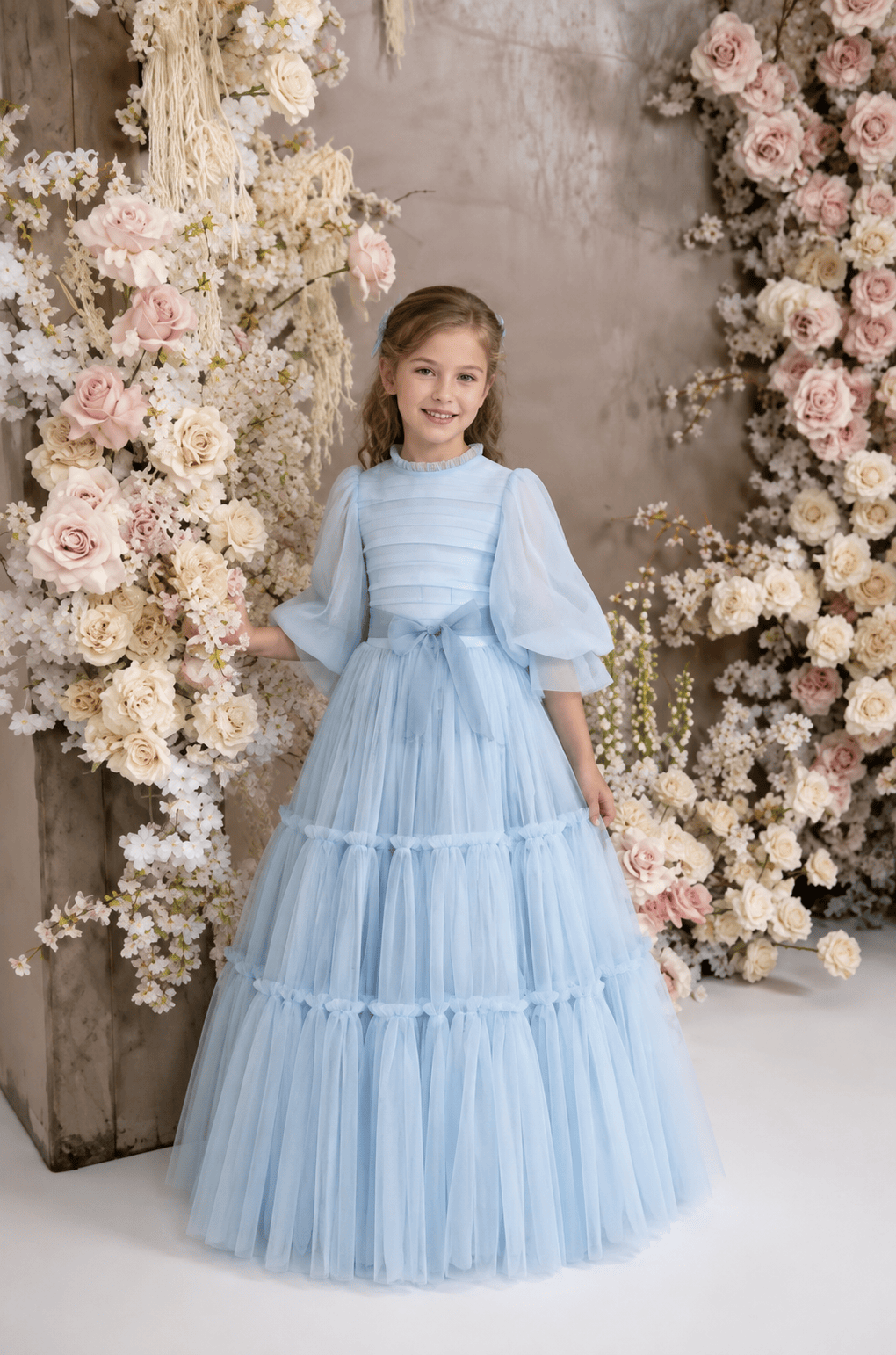 Light Blue / 3m Sunnypetal Elegant Ivory Tiered Tulle First Communion Dress for Girls with Bow Waist