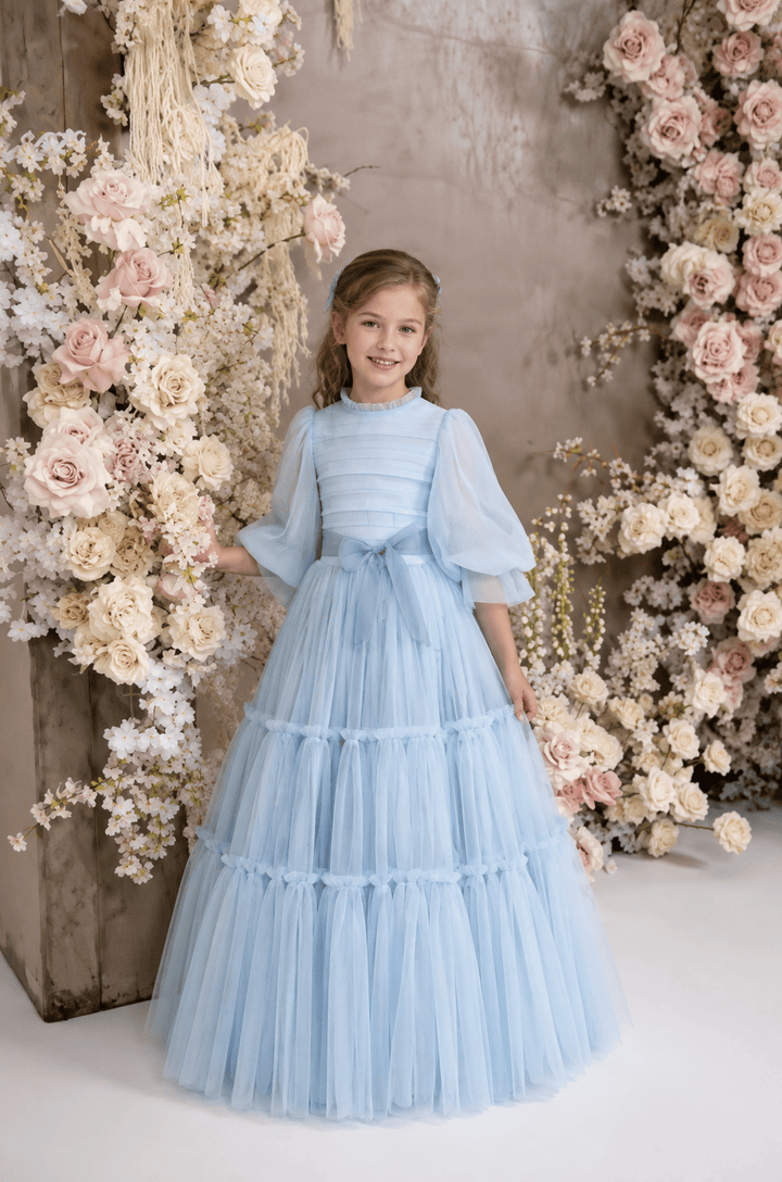 Light Blue / 3m Sunnypetal Elegant Ivory Tiered Tulle First Communion Dress for Girls with Bow Waist