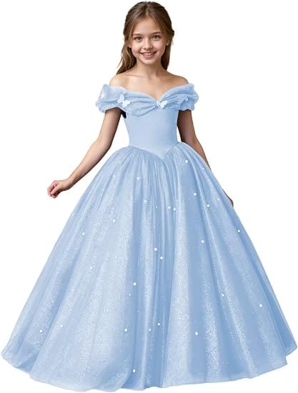 Light Blue / 3m Sunnypetal Exquisite Off-Shoulder Tulle Flower Girl Dress for Special Occasions