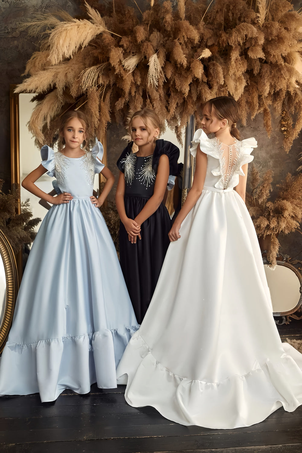 Light Blue / 3m Sunnypetal Exquisite Satin A-Line Floor-Length Flower Girl Dresses with a Flounce