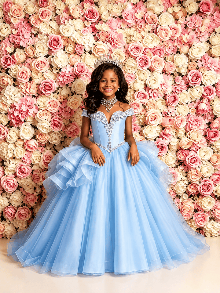 Light Blue / 3m Sunnypetal Hot Pink Sparkling Tulle Princess Flower Girl Dress with Layered Ruffle Skirt